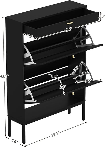 XIAO WEI Shoe Cabinet, Shoe Storage Organizer Cabinet with 2 Flip Wavy Line Drawers, Freestanding Shoe Rack with Adjustable Shelf for Entryway（Black）