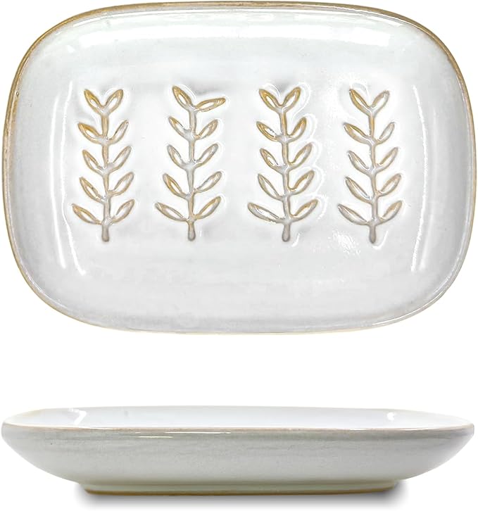 HighHerz Aesthetic Ceramic Soap Dish for Shower, Soap Holder with Raised Relief, Shower Soap Dish for Shampoo Bar Or Sponge, Soap Saver for Bathroom, Kitchen, Sink, Decorative Soap Tray (White)