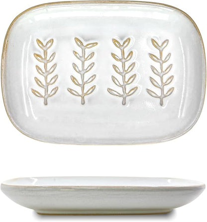 HighHerz Aesthetic Ceramic Soap Dish for Shower, Soap Holder with Raised Relief, Shower Soap Dish for Shampoo Bar Or Sponge, Soap Saver for Bathroom, Kitchen, Sink, Decorative Soap Tray (White)