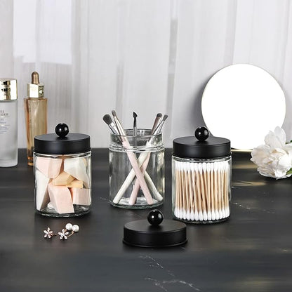 3 Pack Apothecary Jar Canisters Bathroom Vanity Organizer - Qtip Holder Storage Organizer Set Countertop Canister with Stainless Steel Lids &Cute Stickers for Qtips,Cotton Swabs,Makeup Sponges,Floss