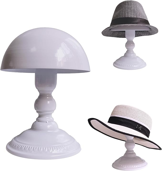 CHADWICK Hat Stand Vintage Style Dome Shape Freestanding Hat Stands for Display Metal Hat Display Stand Cowboy Hat Rack Wig Holder Hat Rack Stand Helmets Wigs Hats Caps Stand (White)