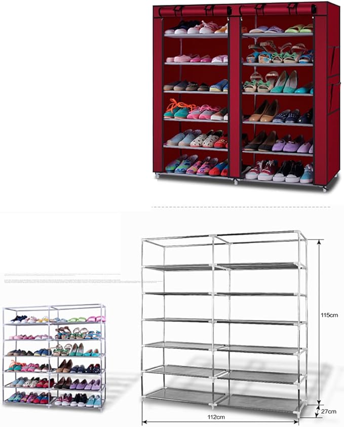 45" The Large Shoe Rack with dust Cover Shoe Rack with Covers on The 6-Floor Non-Woven Shoe Cabinet is Used for Closet, Bedroom and Garage, (2 Row 12 Grid Grey)