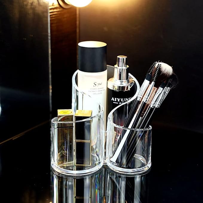 Acrylic Makeup Organizer Cosmetic Storage Display Case Makeup Brush Cotton Ball Pads Swab Q-tip Holder Lipstick Dispenser Canister Bathroom Container (5.5x5.3x4.6in, 3 Partitions, Clear)