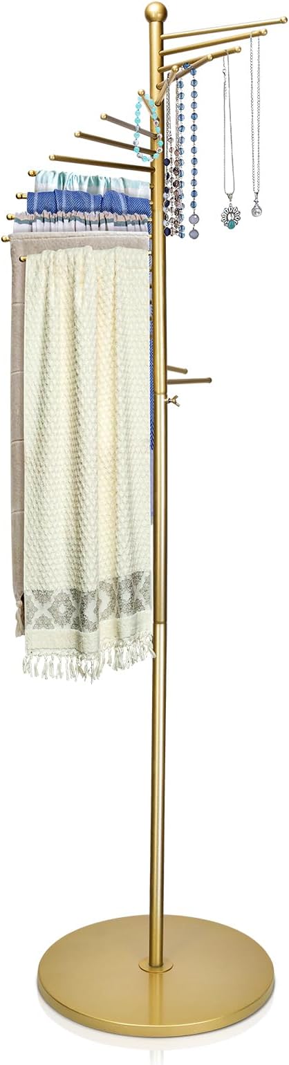 Metal Scarf Rack, Freestanding Spiral Scarf Holder Commercial Hijab Organizer Belt Pants Hanger 59‘’-67‘’ Height Adjustable with 22 Rods for Clothing Store Home, Space Saving Shelves (Color: Gold)