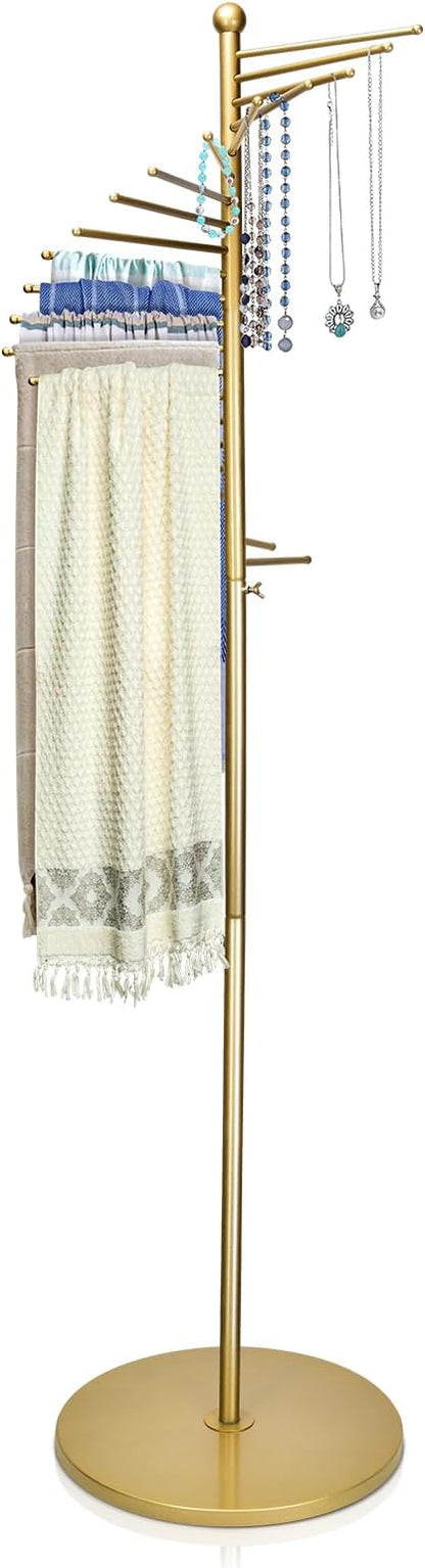 Metal Scarf Rack, Freestanding Spiral Scarf Holder Commercial Hijab Organizer Belt Pants Hanger 59‘’-67‘’ Height Adjustable with 22 Rods for Clothing Store Home, Space Saving Shelves (Color: Gold)