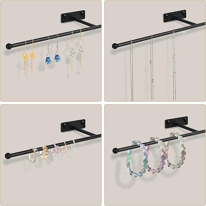 2 Pack Wall Jewelry Organizer, 14.5'' Necklace Holder for Hanging Earring, Ring, Bracelet, Hairband, Glasses Storage, Decorative Space-Saving Jewelry Display-Black