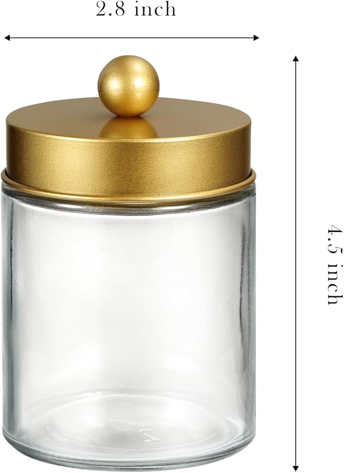 SheeChung Qtip Holder Dispenser for Bathroom Vanity Organizer and Farmhouse Decor - Stylish Glass Apothecary Jar with Stainless Steel Lid and Stickers,Bathroom Countertop Storage Canister(Gold,2Pack)