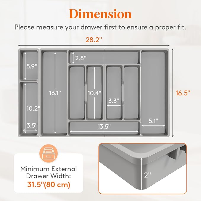 Lifewit Silverware Organizer, Plastic Kitchen Utensil Drawer Tray, Cutlery Flatware Storage Holder for Spoons Forks Knives, 28 x 16"/ 72 x 42cm, 10 Compartment, Gray