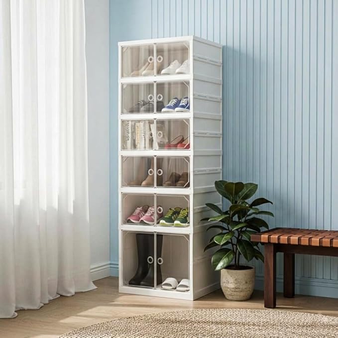 Foldable 6-Tier Shoe Rack Organizer, Large Clear Shoe Storage Cabinet with Magnetic Doors, Heavy Duty Slim Vertical Shoes Rack for Bedroom, Entryway or Garage - White (Holds 12 Pairs)