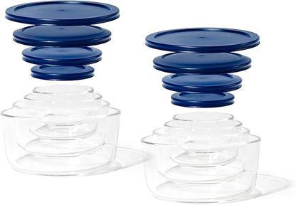 16-Piece Glass Food Storage Containers Set (8 Containers + 8 Lids) | Round, Nesting, Microwave & Dishwasher Safe | BPA-Free, Space-Saving | Blue Lids for Pantry & Kitchen Organization, Blue