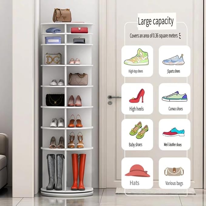 Shoe Organizer 6-Tier Spinning Shoe Rack - 360° Rotating Storage Organizer for 20-30 Pairs, Space Saving Narrow Design for Entryway/Closet Closet Handbag Display Rotate (White04)