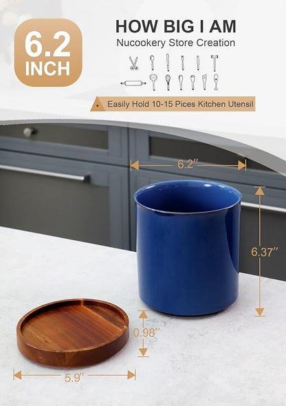 Nucookery 360°Rotating Utensil Holder, 7.2" Large Utensil Crock, White Ceramic Cooking Utensil Organizer,Farmhouse Kitchen Decor Christmas Thanksgiving Gift (Royal blue)