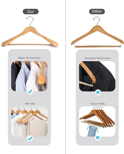 Nature Smile Luxury Natural Wooden Suit Hangers - 6 Pack - Wood Coat Hangers,Jacket Outerwear Shirt Hangers,Glossy Finish with Extra-Wide Shoulder, 360 Degree Swivel Hooks & Anti-Slip Bar with Screw