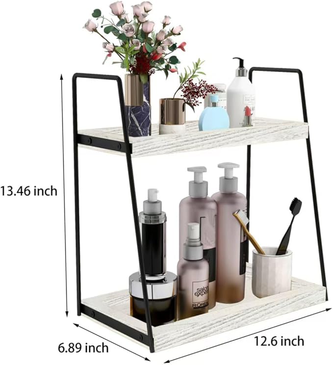 Dorhors 2 Tier Bathroom Counter Organizer Storage,Vanity Organizer for Bathroom Counter,Wood Standing Rack for Kitchen(Rustic White)