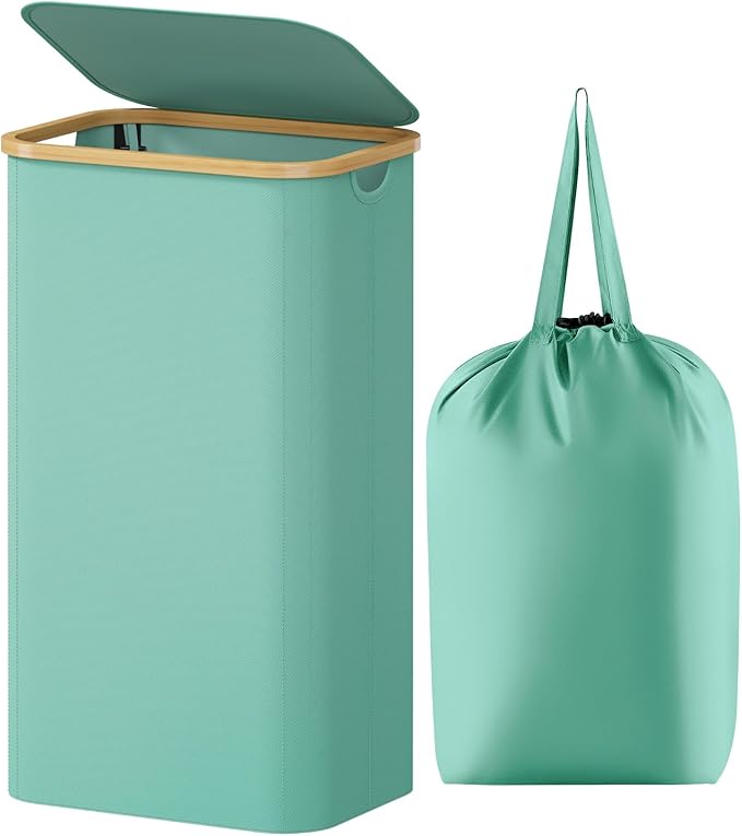 Lifewit 100L Laundry Basket with Lid, Clothes Hampers for Laundry with Bamboo Handles and 1 Removable Bag, Large Foldable Laundry Hamper for Bedroom, Bathroom, Dorm, Laundry Room, Sage Green