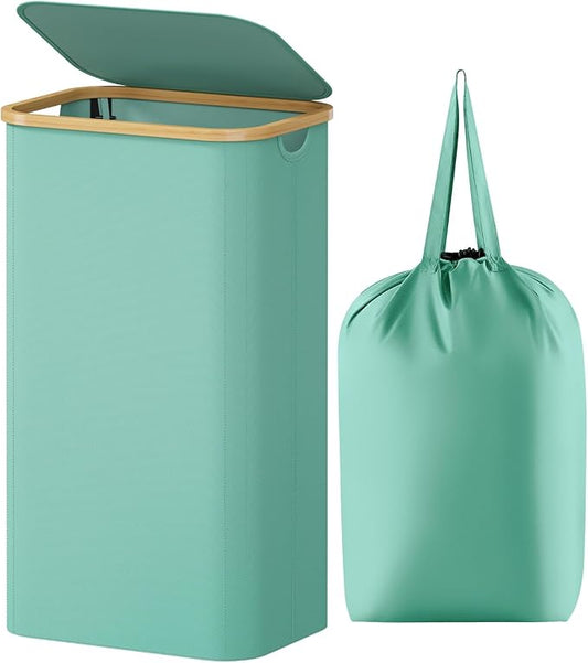 Lifewit 100L Laundry Basket with Lid, Clothes Hampers for Laundry with Bamboo Handles and 1 Removable Bag, Large Foldable Laundry Hamper for Bedroom, Bathroom, Dorm, Laundry Room, Sage Green