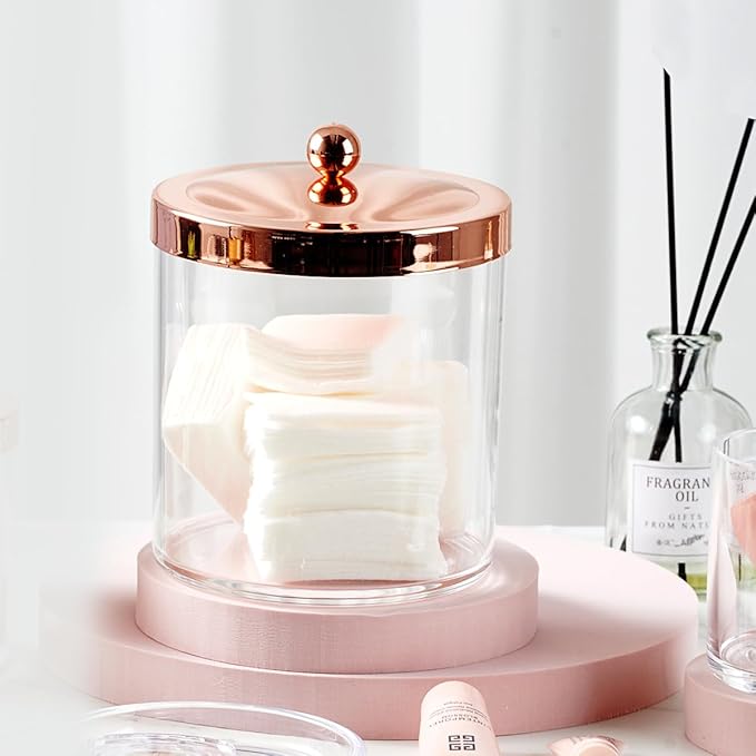 SheeChung 50oz Large Apothecary Jar with Rose Gold Rust-Proof Lid - Shatterproof Plastic Laundry Pods Container - Chic Rose Gold Bathroom & Vanity Storage Organizer for Scent Beads, Salts