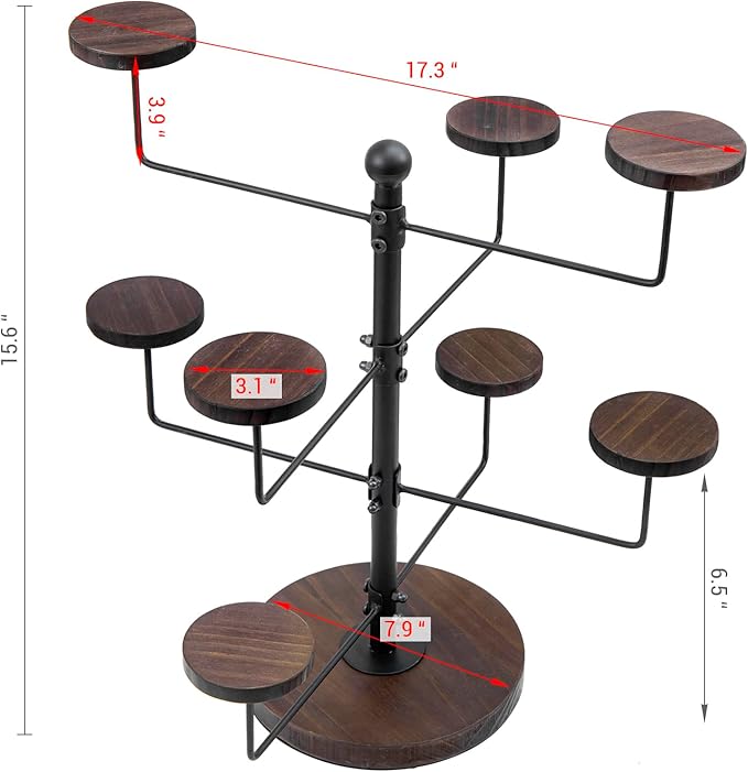 MyGift Industrial Matte Black Metal Tabletop Hat Stand with Round Rustic Burnt Solid Wood Hangers, Home or Commercial Table Display Rack with 8 Cap Holders