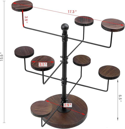 MyGift Industrial Matte Black Metal Tabletop Hat Stand with Round Rustic Burnt Solid Wood Hangers, Home or Commercial Table Display Rack with 8 Cap Holders
