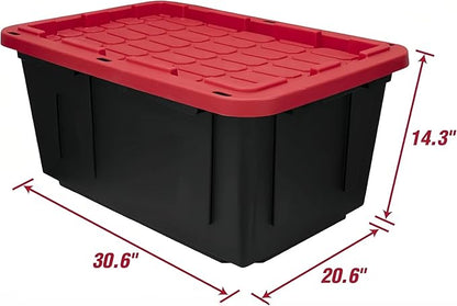 2-Pack 27 Gallon Heavy Duty Storage Bin with Lid, Stackable Large Plastic Tote Container for Home Garage & Outdoor - 30.6" W x 20.6" D x 14.3" H, Black and Red