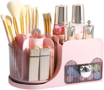 DASITON Makeup Organizer with Drawer, 360° Rotating Makeup Brush Holder, Makeup and Skincare Storage Box, Make Up Organizers for Vantiy, Desktop, Bathroom Countertop, Cosmetic Display Case (Pink)