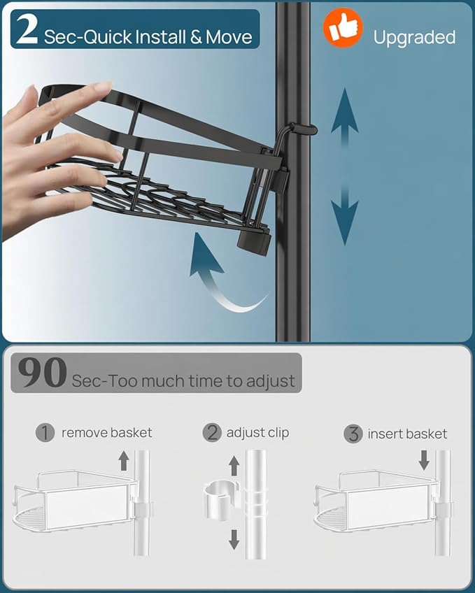 SEIRIONE Rustproof Shower Corner Caddy Organizer for Bathroom, 4-Tier Adjustable Bathroom Shelf with Tension Pole, Solid Rack Ideal for Bathtub Storage, 34 to 116 Inch Height, Black