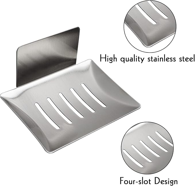 Soap Dish for Shower Wall, Stainless Steel Adhesive Soap Holder for Bathroom, 5 Slot Sponge Holder for Kitchen Sink, Bar Soap Tray with Drain Silver