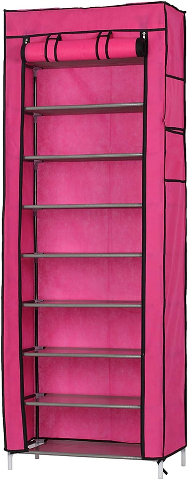 lapday 10 Tier Shoe Rack with Covers, Narrow Tall Shoe Shelf with Side Pocket, Free Standing Shoe Storage Cabinet for Closet Hallway,Bedroom,Entryway (Rose Red)