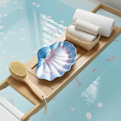 Ceramic Shell Soap Dish (7.7 x 5.3 in), Seashell Soap Holder Tray for Bathroom Shower Sink, Blue Shell Trinket Tray for Jewelry Rings Keys, Vanity Counter Organizer