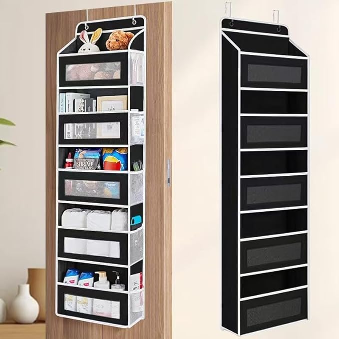 5-layer large capacity storage bag on the door, with 5 side pockets and transparent mesh visible design. The hard bottom plate is not easily deformed, and hooks and screws can be hung (black)
