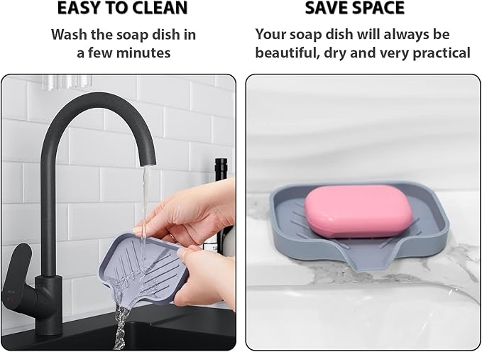 2 Pcs Grey Silicone Self Draining Rectangular Soap Dishes - Waterfall Soap Trays - Soap Dishes for Bar Soap - Soap Boxes - Soap Case - Soap Container - Soap Pads - Kitchen Sink - Shower - Bathroom