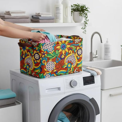 Mexican Talavera Storage Basket Waterproof Canvas Toy Storage Bin Mexican Decor Collapsible Outdoor Basket with Leather Handles Talavera Decor Blanket Baskets For Closets,Bedrooms,Gifts Baskets