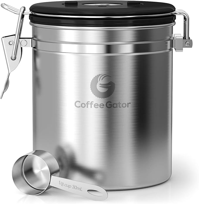 Coffee Gator Coffee Canister – 6” Stainless Steel Airtight Coffee Containers for Ground Coffee w/ Date Tracker, Co2-Release Valve, Measuring Scoop & Travel Jar - Medium, Silver
