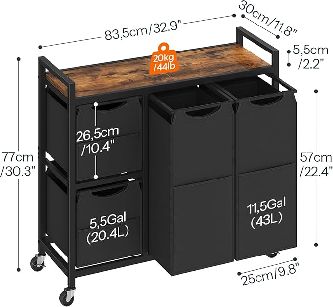HOOBRO Laundry Sorter with 4 Section, 34 Gal. (127 L) Laundry Hamper with Wheels, Rolling Laundry Basket with Shelf, Pull-Out Detachable Bags, Side Pockets, Rustic Brown and Black BF14XY01N1