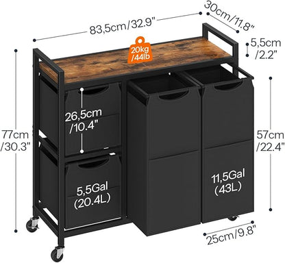HOOBRO Laundry Sorter with 4 Section, 34 Gal. (127 L) Laundry Hamper with Wheels, Rolling Laundry Basket with Shelf, Pull-Out Detachable Bags, Side Pockets, Rustic Brown and Black BF14XY01N1
