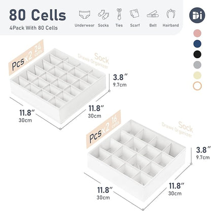 Joyoldelf Drawer Organizer 4 Pack - 2 x 24 Cell + 2 x 16 Cell Closet Organizers and Storage Dividers for Socks, Handkerchiefs, Ties, Belts (White)