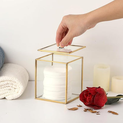 Hipiwe Gold Glass Vanity Box Vintage Apothecary Jars with Lids Cotton Pad Dispenser Qtip Holder Cotton Ball Swab Round Organizer Bathroom Canister Storage Jar for Q-tip, 3.9" L x 3.9" W x 4.7" H