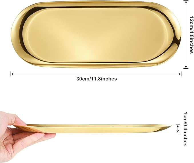 Gold Oval Vanity Tray, Stainless Steel Jewelry Tray, Bathroom Tray, Makeup Cosmetic Trays,Towel Napkin Tray, Storage Organizer,11.8 x 4.8 inches (LxW), Large