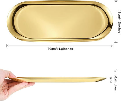 Gold Oval Vanity Tray, Stainless Steel Jewelry Tray, Bathroom Tray, Makeup Cosmetic Trays,Towel Napkin Tray, Storage Organizer,11.8 x 4.8 inches (LxW), Large