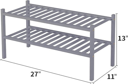 ROMGUAR CRAFT 2 Tier Bamboo Shoe Rack for Closet Free Standing Wood Shoe Shelf for Entryway Small Space Stackable 27"x11"x13" (Grey)