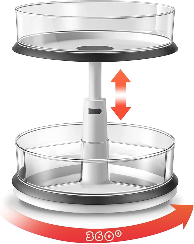 Ynelyase 2 Tier Lazy Susan Organizer Clear Turntable for Cabinet Bathroom Countertop and Pantry with Large Spice Rack (11 Inch, White)