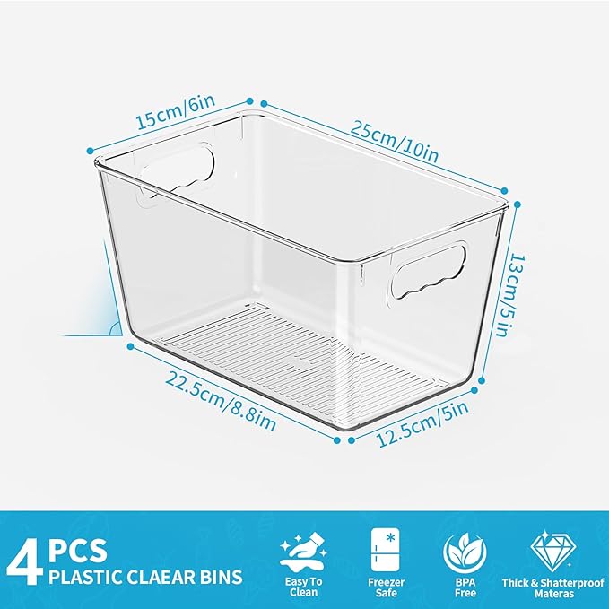 Clear Pantry Organizer Bins, Plastic Organizers & Storage Containers, Cabinet Organizer, Home Organization Must Haves for Kitchen, Laundry Room, Office, Closet & Freezer (4 Pack)