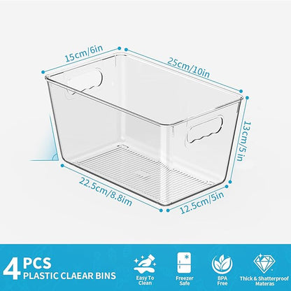 Clear Pantry Organizer Bins, Plastic Organizers & Storage Containers, Cabinet Organizer, Home Organization Must Haves for Kitchen, Laundry Room, Office, Closet & Freezer (4 Pack)