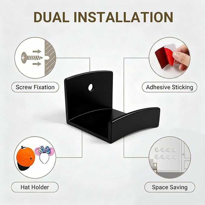 FAYYGYH 24 Packs Wall Cap Hooks, Strong Adhesive Hat Rack, Stylish Home Decor, Two Installation Methods, Hat Display Organizer, Hat Organizer, Wall-Mounted Hat Rack, No Drilling Required (‎Black)