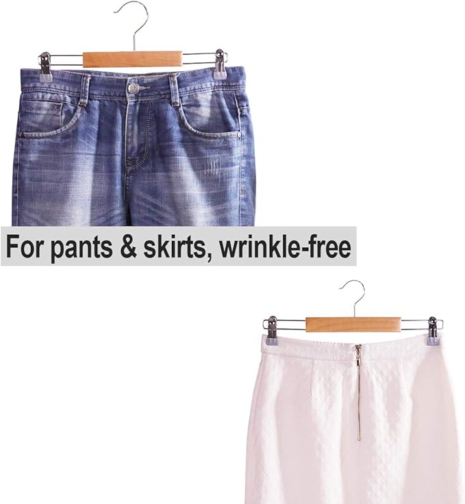 Wooden Pants Hangers 12Packs, Skirt Hangers with Adjustable Clips, Non Slip Wood Clothes Hangers with Clips, Space Saving Hangers for Pants Skirts Trousers Slacks Jeans
