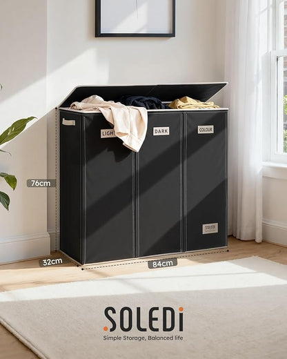 SOLEDI 200L 3-Section Laundry Hamper with Lid, Extra Large Dirty Clothes Basket with Sturdy Handles for Laundry Room & Bedroom - Durable Organizer for Sorting Laundry