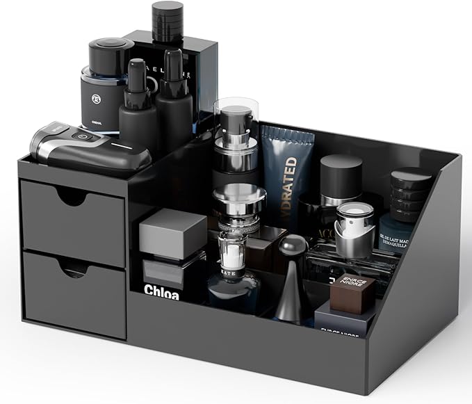 Yieach Mens Cologne Organizer With Drawers,Large Acrylic Perfume Organizer,Fragrance Shelf for Men Room Decor,Black Makeup Organizers and Cologne Holder for Mens Vanity,Bathroom Countertop and Dresser