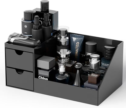Yieach Mens Cologne Organizer With Drawers,Large Acrylic Perfume Organizer,Fragrance Shelf for Men Room Decor,Black Makeup Organizers and Cologne Holder for Mens Vanity,Bathroom Countertop and Dresser