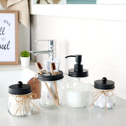 Amolliar Mason Jar Bathroom Vanity Organizer - Farmhouse Decor Qtip Dispenser Holder Canister Glass - 8oz Mason Jars &Stainless Steel Lids for Q-tips,Cotton Swabs,Rounds,Bath Salts,Ball/Black,2-Pack