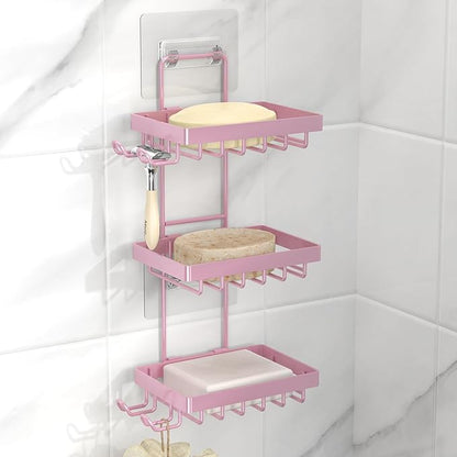 Moforoco 3 Tier Pink Soap Dish Holder for Shower Wall, No Drilling, 304 Stainless Steel, Soap Bar with 4 Hooks and Razor Holder for Shower, Shampoo Bar Holder for Girly Bathroom Accessory Decor